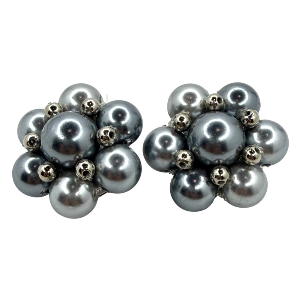 Vintage Clip On Earrings Faux Pearl Grey Blue Cluster Floral Vintage Style